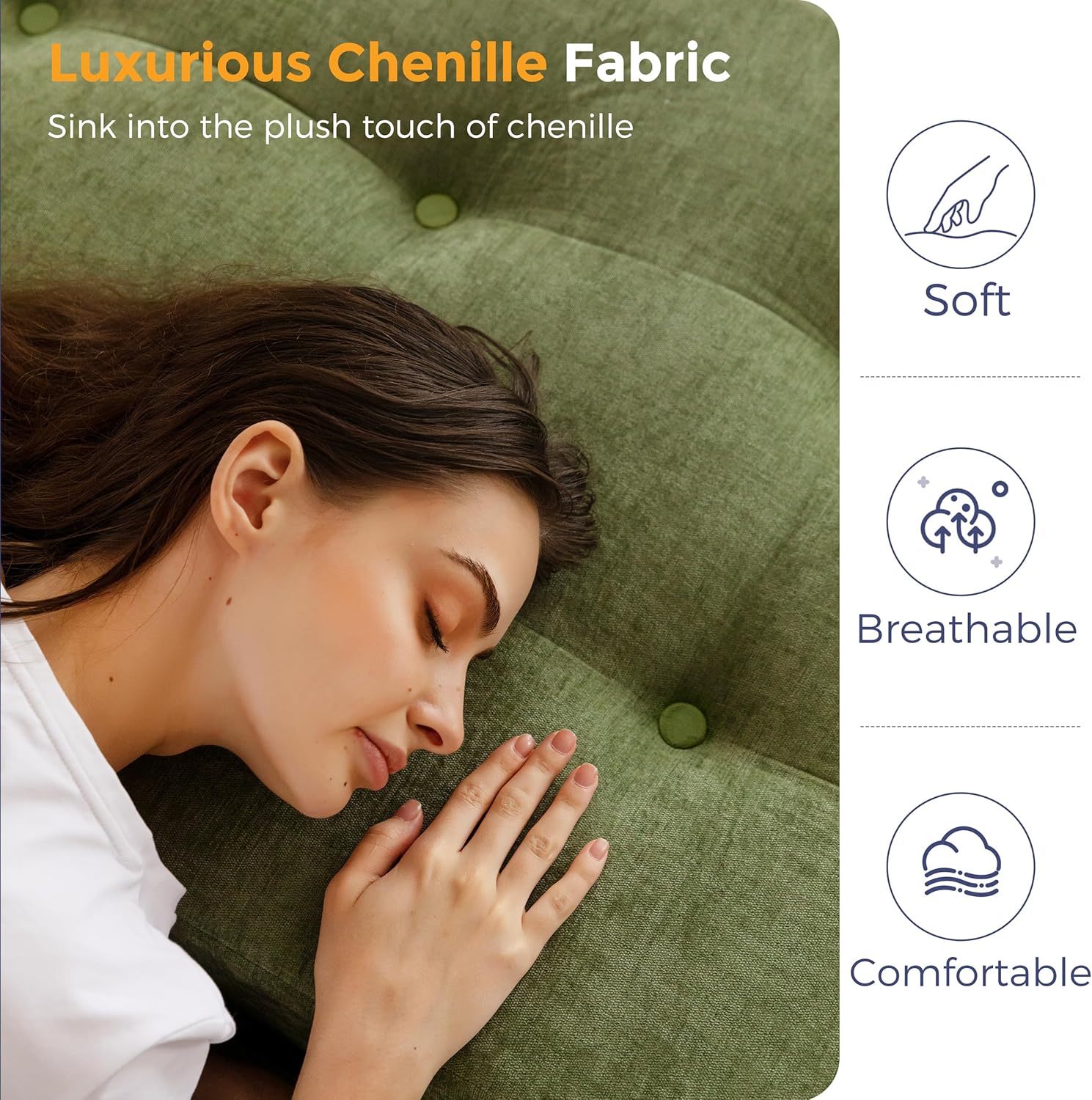 MAXYOYO 6' Folding Sofa Bed for Floor, Tufted Tri-Fold Floor Mattress with Chenille Fabric, Twin Size Portable Sofa Couch Guest Mat for Adults, Foldable Topper for Camping, Green, 35.4'x75'
