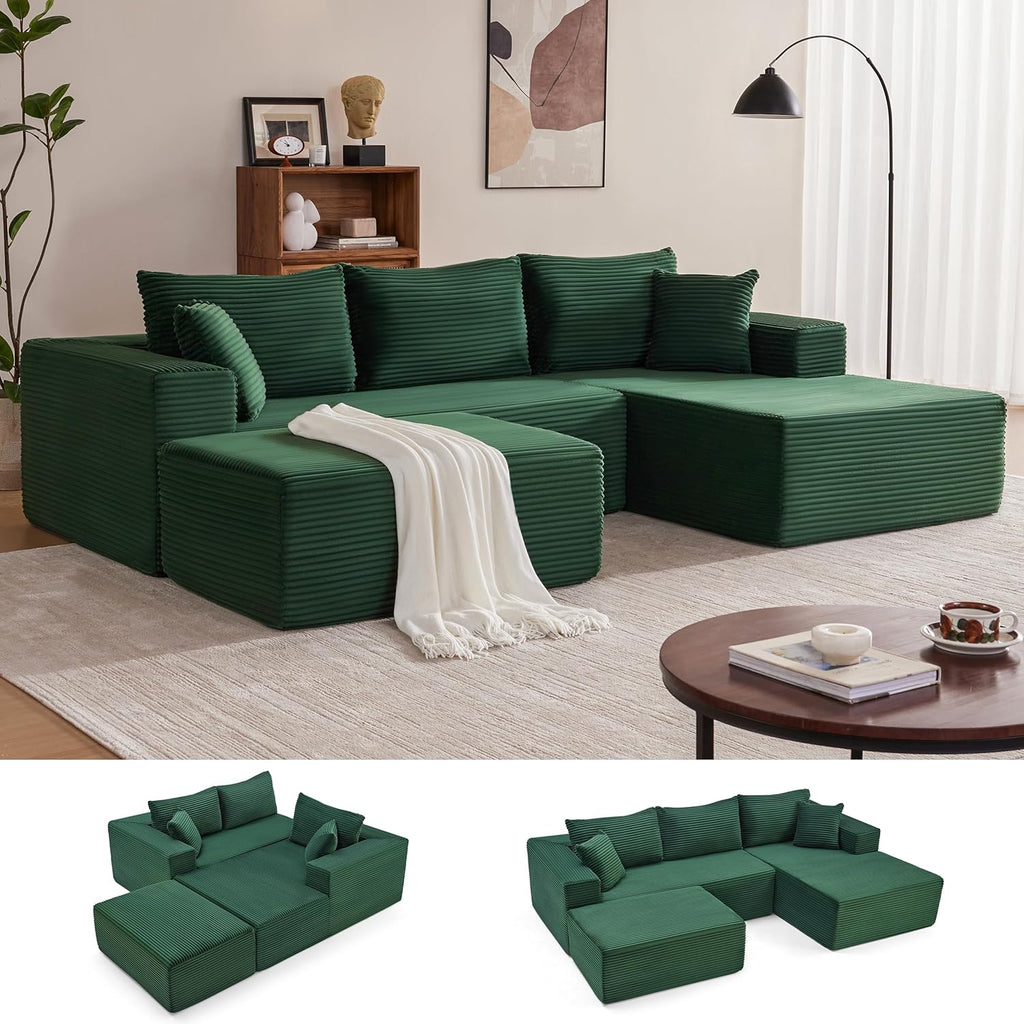 Mangodan 110' Cloud Sectional Couch, Boneless Sofa for Living Room, Modular Sectional Sofa with Deep Seat, Comfy Fluffy U-Shaped Couch with Right-Facing Chaise, No Assembly Required, Green