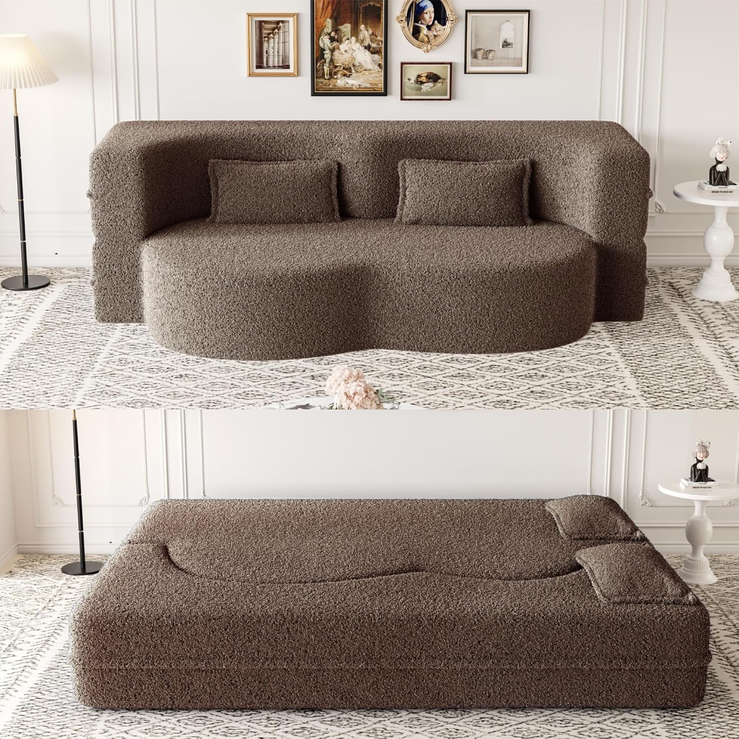 2-in-1 Folding Convertible Sofa Bed,78 Inch Convertible Boneless Couch with Pilow Foldable Matress, Teddy Loveseat Sleeper Pull Out Bed Floor Sofa Modular Futon Couch (Teddy, Brown)