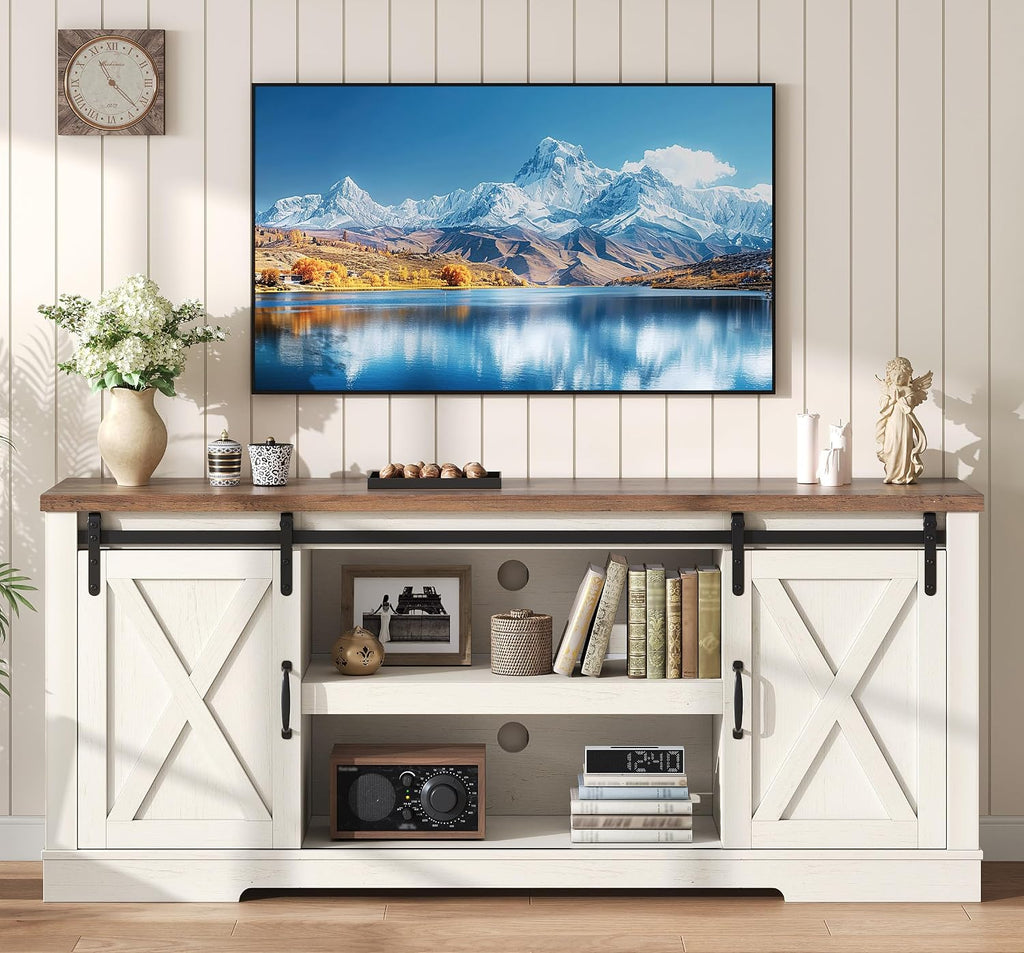 AMERLIFE 66' Farmhouse TV Stand for 75 Inches TVs, Entertainment Center with Sliding Barn Door and Adjustable Shelf & Feet, Console Table with Storage, Rustic White & Honey Brown