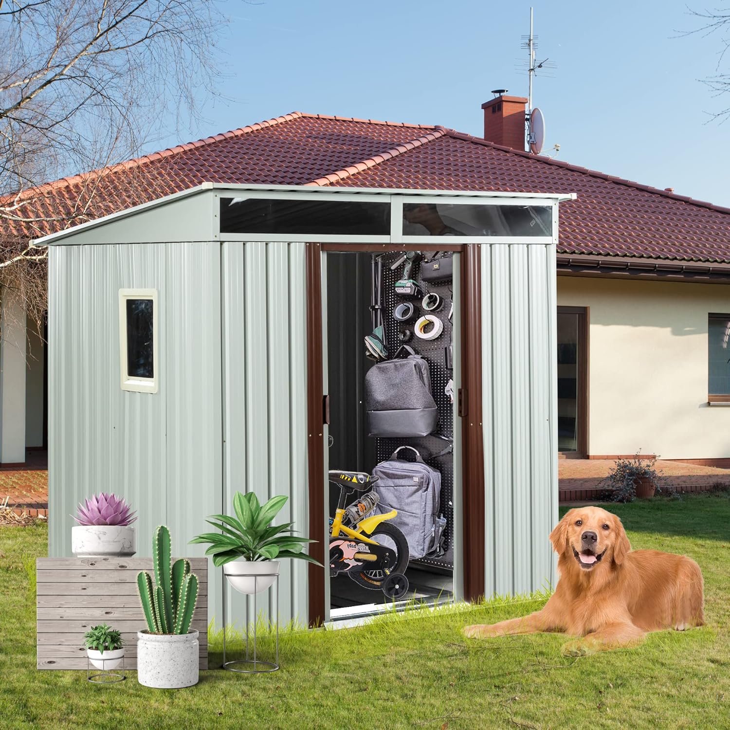 KEIKI 6x5 FT Outdoor Metal Storage Shed with Sloped Roof,Window,Transparent Plate and Lockable Sliding Door for Garden Yard