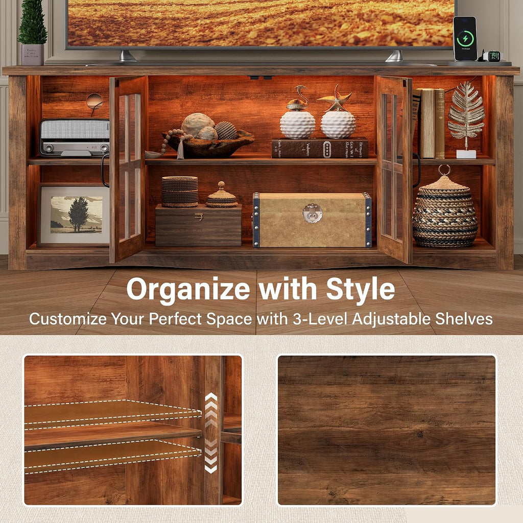 YESHOMY Farmhouse LED TV Stand with Power Outlet, for Televisions up to 65 Inches, Wood Entertainment Center with Glass Door Storage Cabinet, TV Console for Living Room, Brown