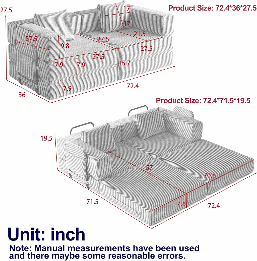 4-in-1 Convertible Folding Sofa Bed, 72' Oversized Corduroy Upholstered Boneless Couch, Loveseat Sleeper Sofa Bed, Floor Sofabed Modular Futon Couch for Living Room Bedroom Lounge (Beige, 72')