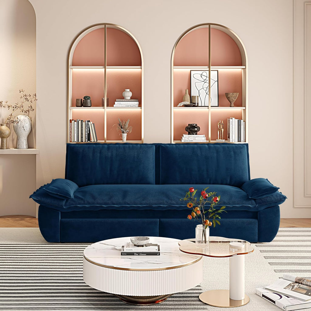 3-in-1 Convertible Sofa Bed Queen Size Pull Out Sleeper Sofa with Heavy Duty Metal Frame, Luxurious Velvet Upholstered Loveseat with 2 Pillows, Modern Folding Guest Bed for Living Room, Apartment | Removable Cushions