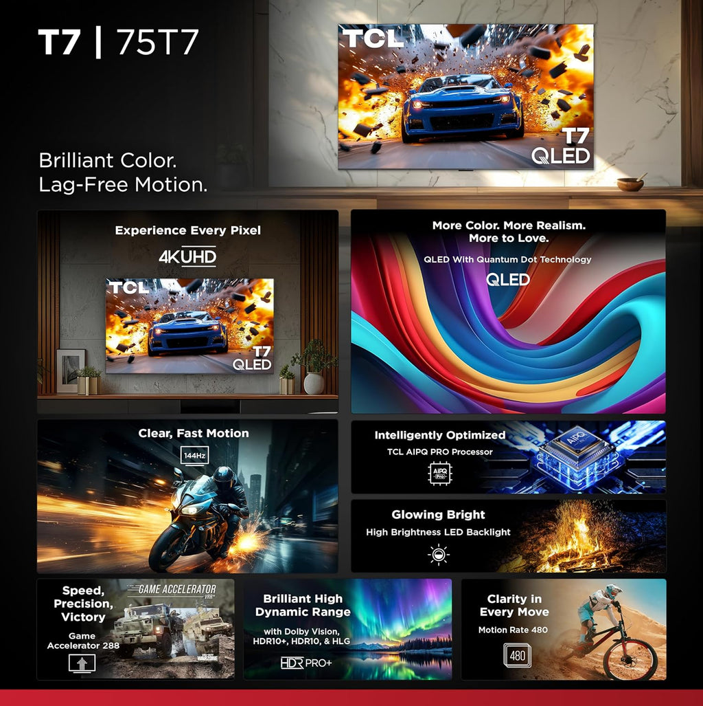 TCL 75 Inch Class T7 Series | 4K QLED HDR | 75T7, 2025 Model | 120HZ-144HZ High Brightness Smart Google TV Dolby Atmos Audio | Voice Remote Alexa Gaming Streaming Television