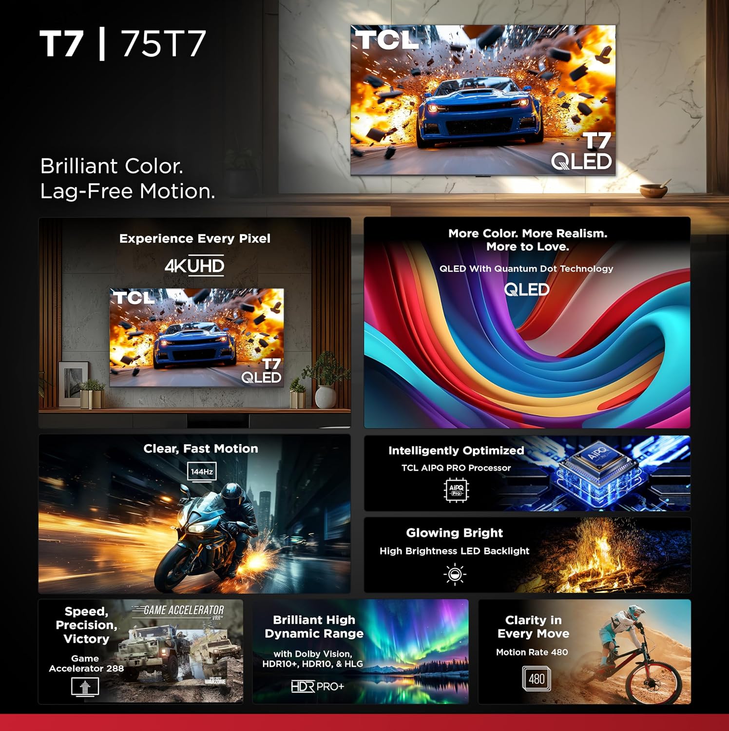 TCL 75 Inch Class T7 Series | 4K QLED HDR | 75T7, 2025 Model | 120HZ-144HZ High Brightness Smart Google TV Dolby Atmos Audio | Voice Remote Alexa Gaming Streaming Television