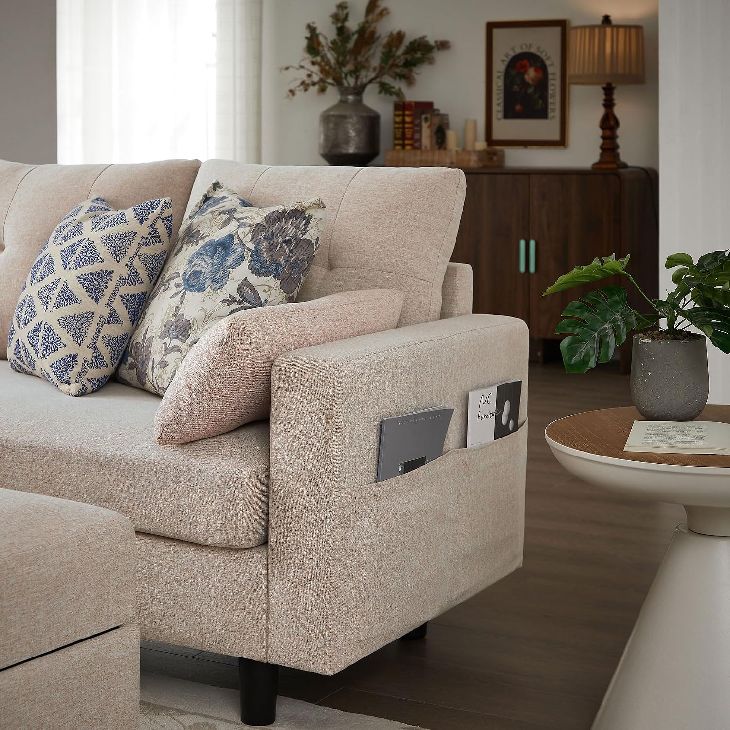 101' Convertible Sectional Sofa with Ottoman Coffee Table, Modern Linen Fabric U-Shaped Couch with Storage Pocket, 4 Seat Sofa Couches for Living Room, Apartment, Office, Beige
