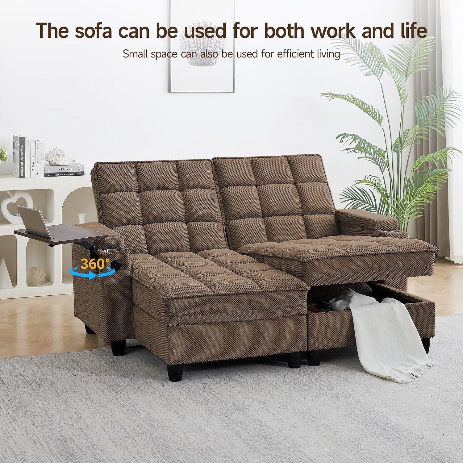 70.9' Chaise Lounge Chair Indoor, Oversized Boucle Upholstered Sofa Bed, Adjustable Backrest Deep Seat Reading Chair, Sofas Couches for Living Room with Storage, Cup Holders and 360° Swivel Side Table