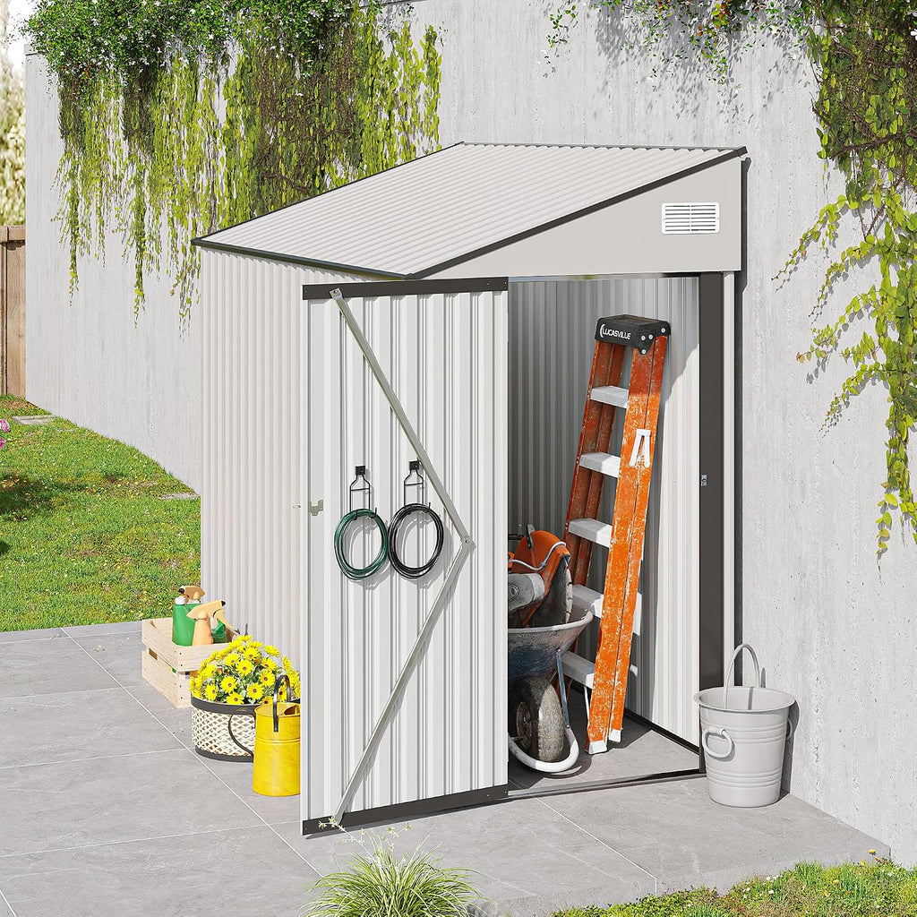 YOPTO 4x8 FT Outdoor Metal Storage Shed,Waterproof Lean to Tool Sheds,Heavy-Duty Unit with Single Hinge Side Door and Ventilation Windows,Weather Resistant,for Backyard,Patio,Lawn,White