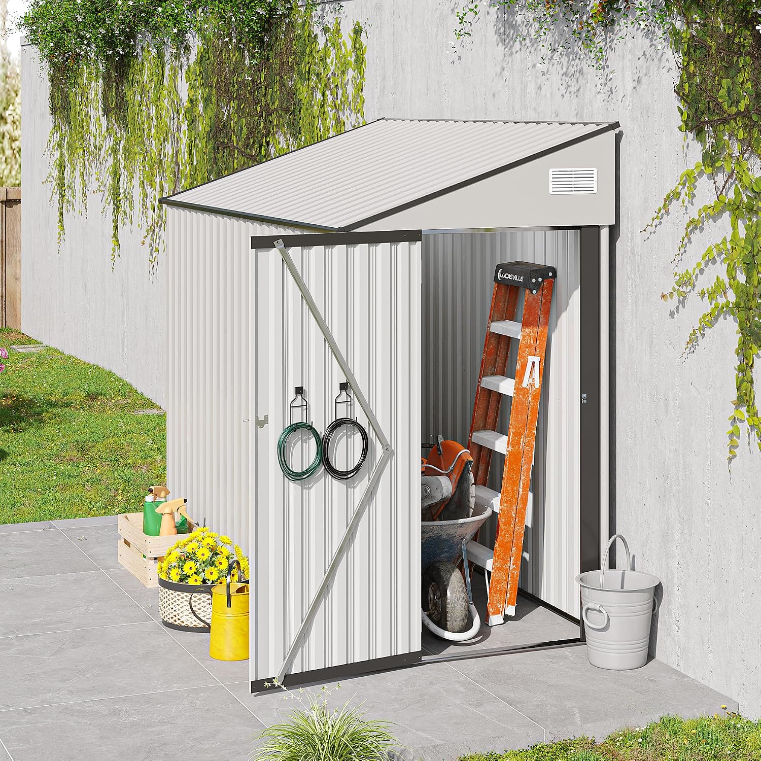 YOPTO 4x8 FT Outdoor Metal Storage Shed,Waterproof Lean to Tool Sheds,Heavy-Duty Unit with Single Hinge Side Door and Ventilation Windows,Weather Resistant,for Backyard,Patio,Lawn,White