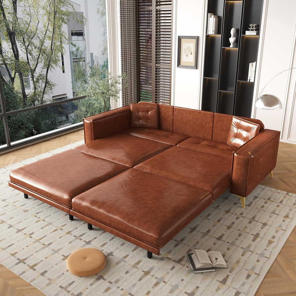 92.1'' Pull Out Sofa Bed King, Faux Leather Futon Couch, 3-in-1 Convertible Sleeper Sofa with Tufted Back, Gold Furniture Legs, Deep Loveseat for Living Room, Apartment, Office, Light Brown