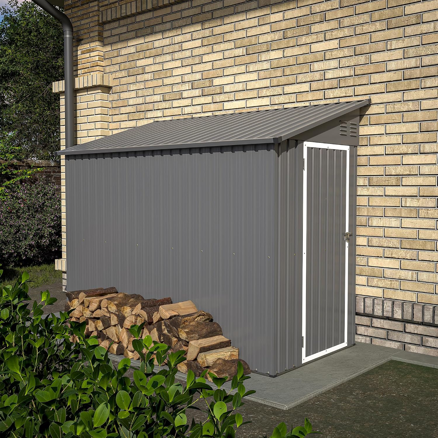 YOPTO 4×8 FT Lean to Metal Shed,Outdoor Heavy-Duty Storage Shed with Floor Base,All Weather Waterproof Garden Tool House W/Lockable Door&2 Air Vents,Reversible Door Design,for Backyard,Patio,Lawn,Gray