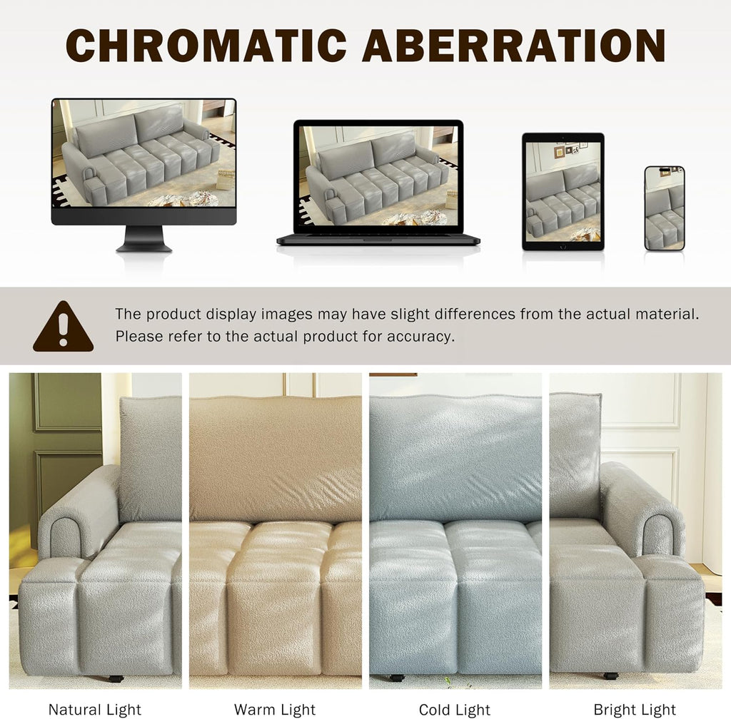 90.2' Futon Sofa Bed King, 3-in-1 Teddy Convertible Sofa, Upholstered Loveseat Couch with Pull Out Bed, L Shape Couches Small Spaces, Deep Seat, Storage for Living Room, Apartment, Light Grey