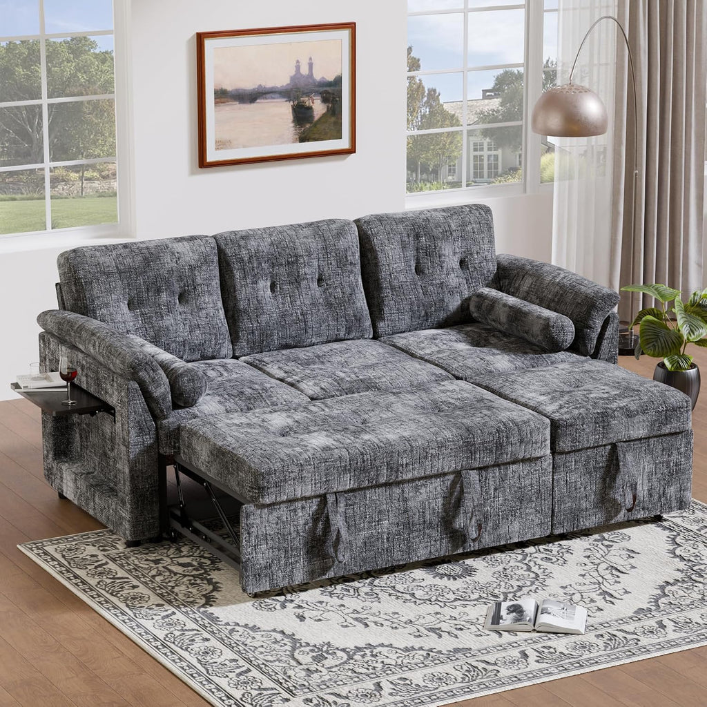 Convertible Sleeper Sofa Bed, 63 Inch Chenille Pull Out Couch with Side Table & Adjustable Backrest, Sectional Sleeper Sofa with Pull Out Bed for Living Room, Apartment, Gray