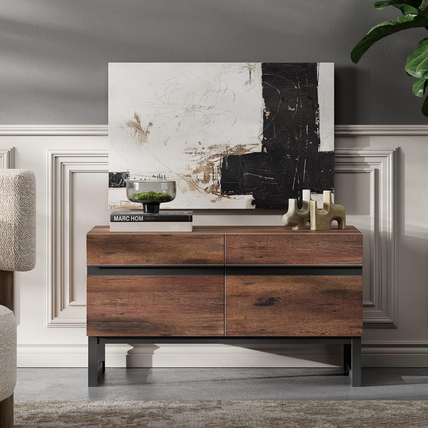 WAMPAT Modern TV Stand for 26-40 Inch TVs, Wood Entertainment Center with Metal Base Storage Cabinets, Media TV Console for Living Room, Brown, 1Pcs