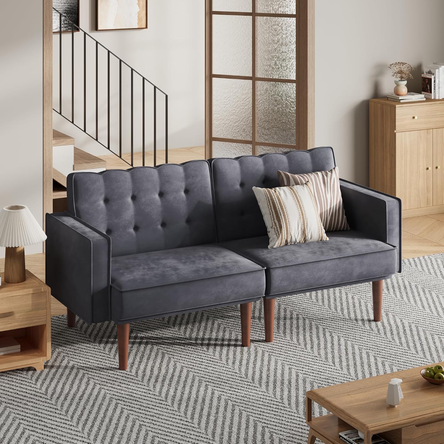 Furnify 71' Velvet Futon Sofa Bed, Versatile Loveseat Couch, Sleeper Sofa with Adjustable Backrest, Mid Century Modern Futon Couch for Small Space, Living Room, Office & Apartment, Velvet Fabric Grey