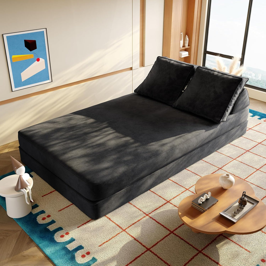 86.6' Queen Floor Sleeper Sofa Bed | Convertible Foam Folding Mattress Couch | King Size Futon Couch Bed for Adjustable Backrests | Sleeper Lounge Chair for Living Room, Playroom, Apartment, Dark Grey