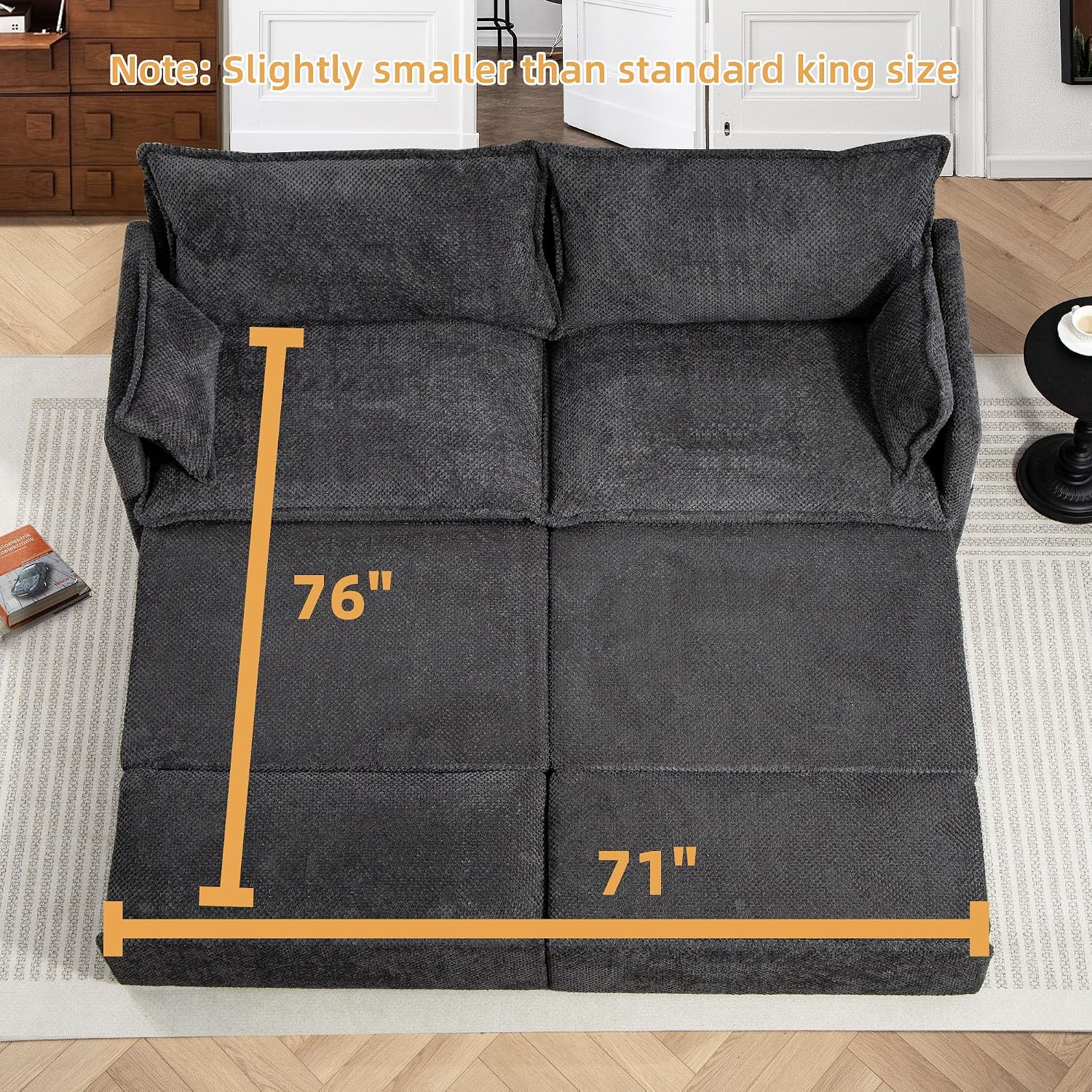 SUNWAVE 74' King Pull Out Sofa Bed -Convertible Sleeper Sofa Bed, Corduroy Pull Out Couch with USB Charging,Side Pockets for Living Room,Bedroom,Small Spaces(Charcoal, 74') | Stay Charging w/ USB, Loveseat by day, Sleeper by night, Space Saving