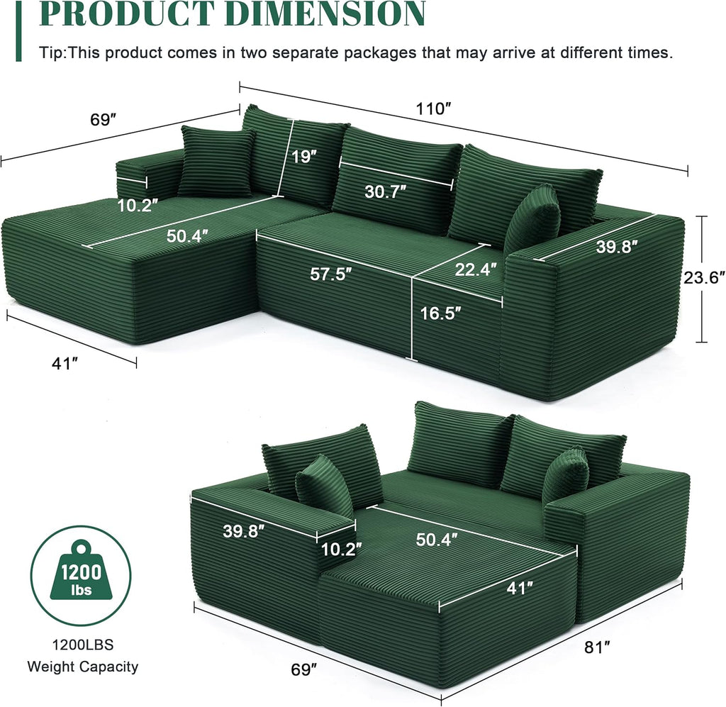 Mangodan 110' Cloud Sectional Couch, Modular Sectional Sofa for Living Room, Boneless Sofa with Deep Seat, Comfy Fluffy Couch with L-Shaped Chaise, No Assembly Required (Left-Facing Chaise, Green)