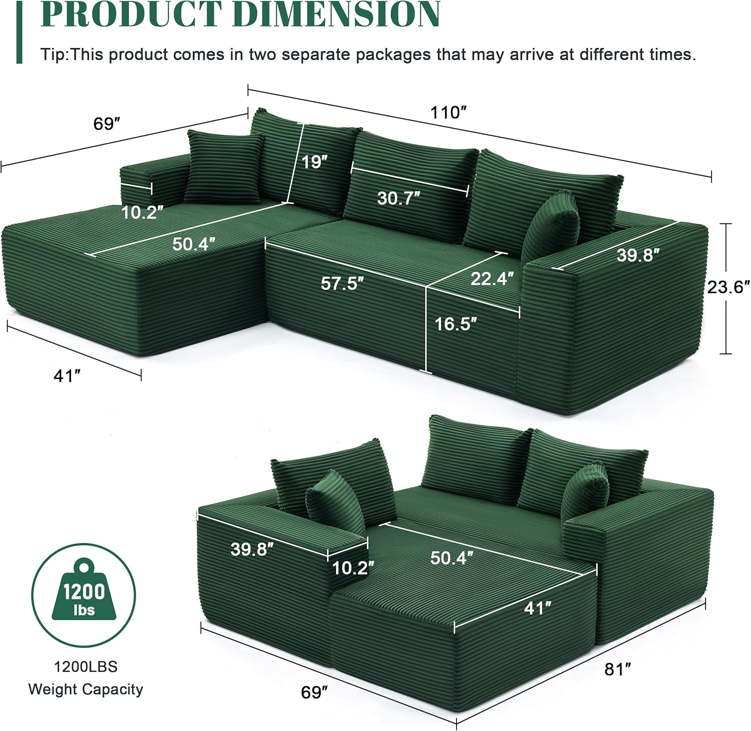Mangodan 110' Cloud Sectional Couch, Modular Sectional Sofa for Living Room, Boneless Sofa with Deep Seat, Comfy Fluffy Couch with L-Shaped Chaise, No Assembly Required (Left-Facing Chaise, Green)