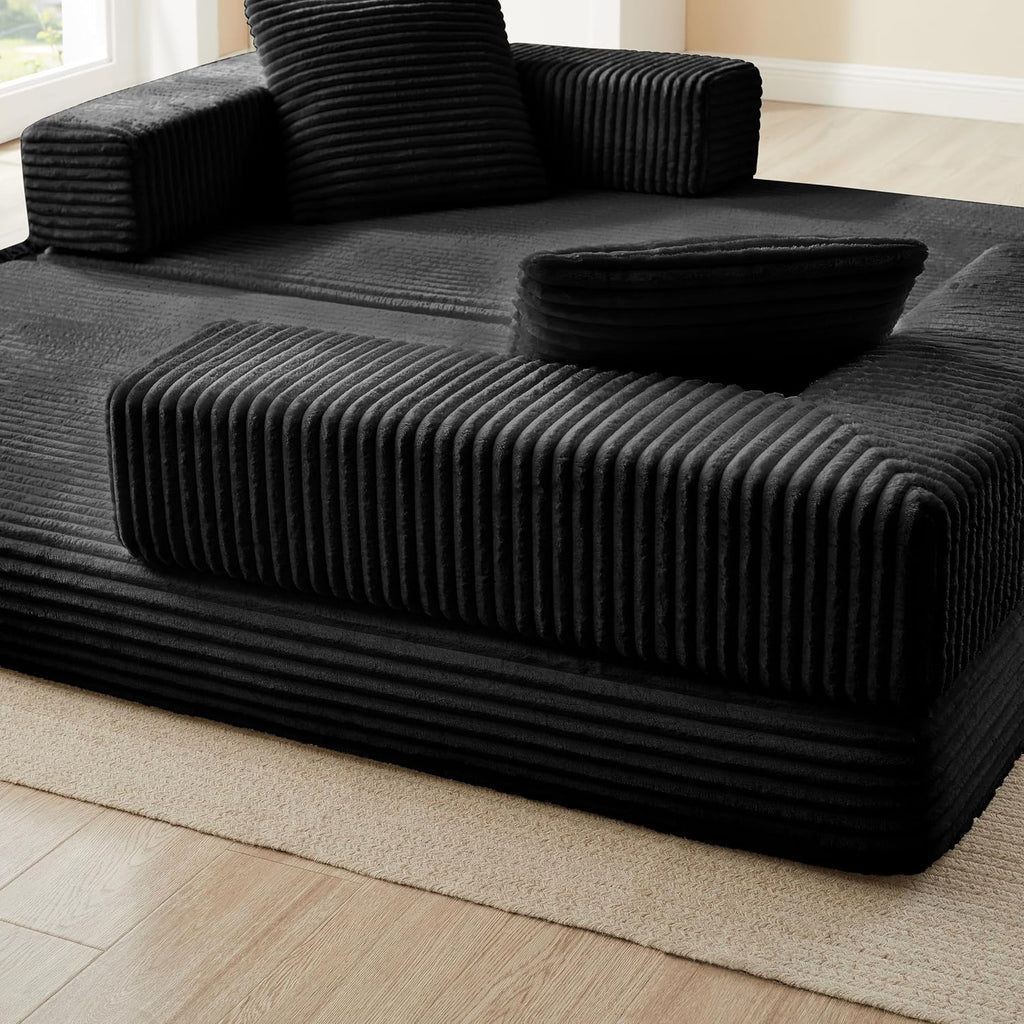81'' Futon Sofa Bed, Folding Floor Couch Bed, Corduroy Fabric Boneless Couch, Compressed Boneless Sofa in a Box, Comfy Sleeper for Living Room-Black