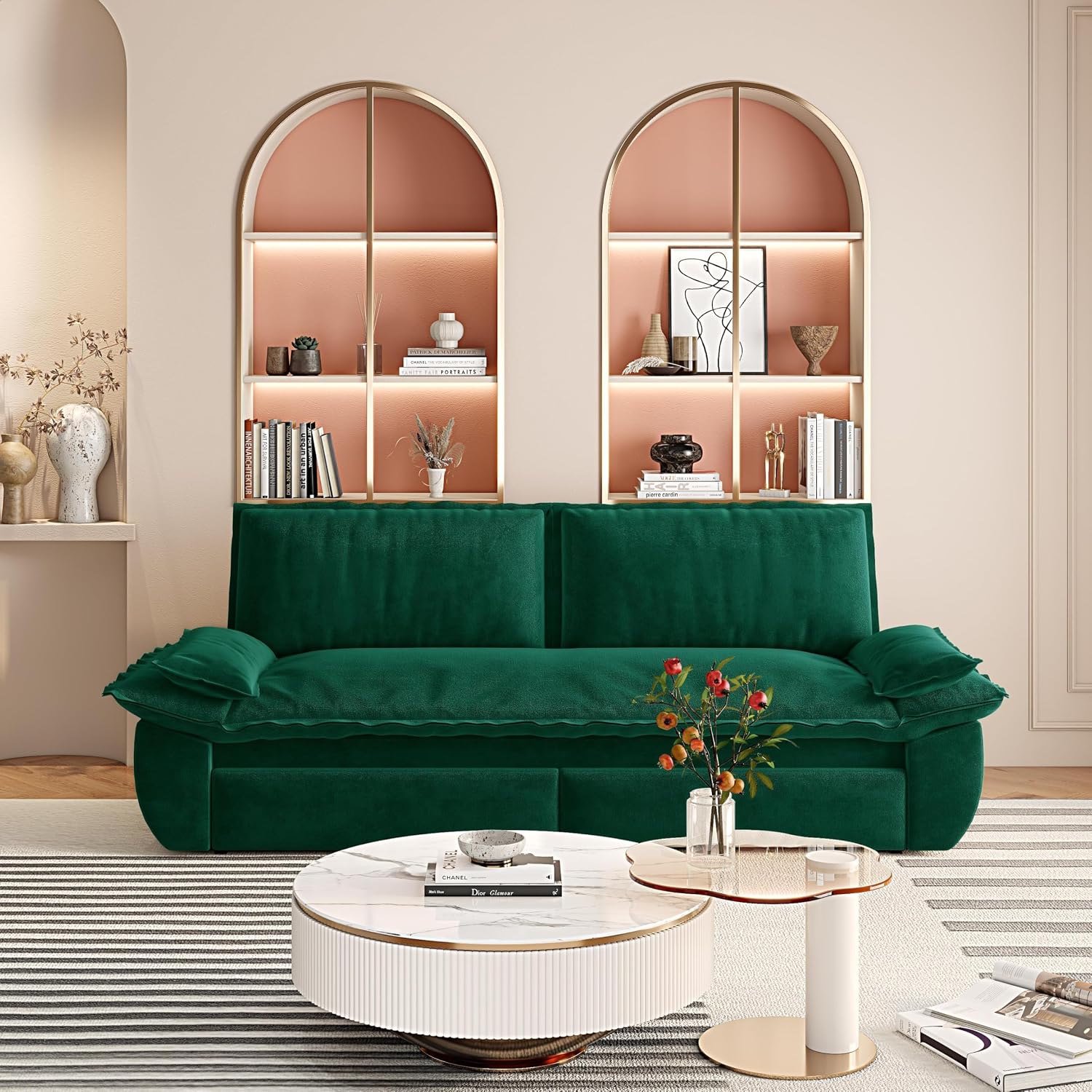 73.2' Sofa Bed Queen, 3-in-1 Pull Out Sofa Bed with Pillow Armrest, Modern Velvet Convertible Sleeper Futon Sofa for Living Room Small Space, Apartment, Bedroom, Green
