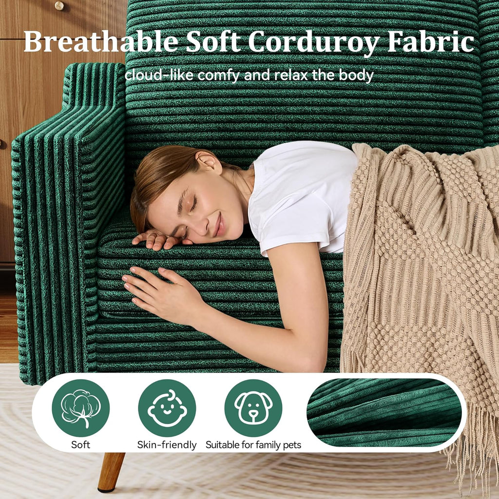 65.4' Loveseat Sofa,Comfy Forest Green Corduroy Love Seat Couches for Living Room,Mid Century Modern Small Couch for Bedroom Office with Spring Cushion,Solid Wood Frame,Tool-Free Assembly