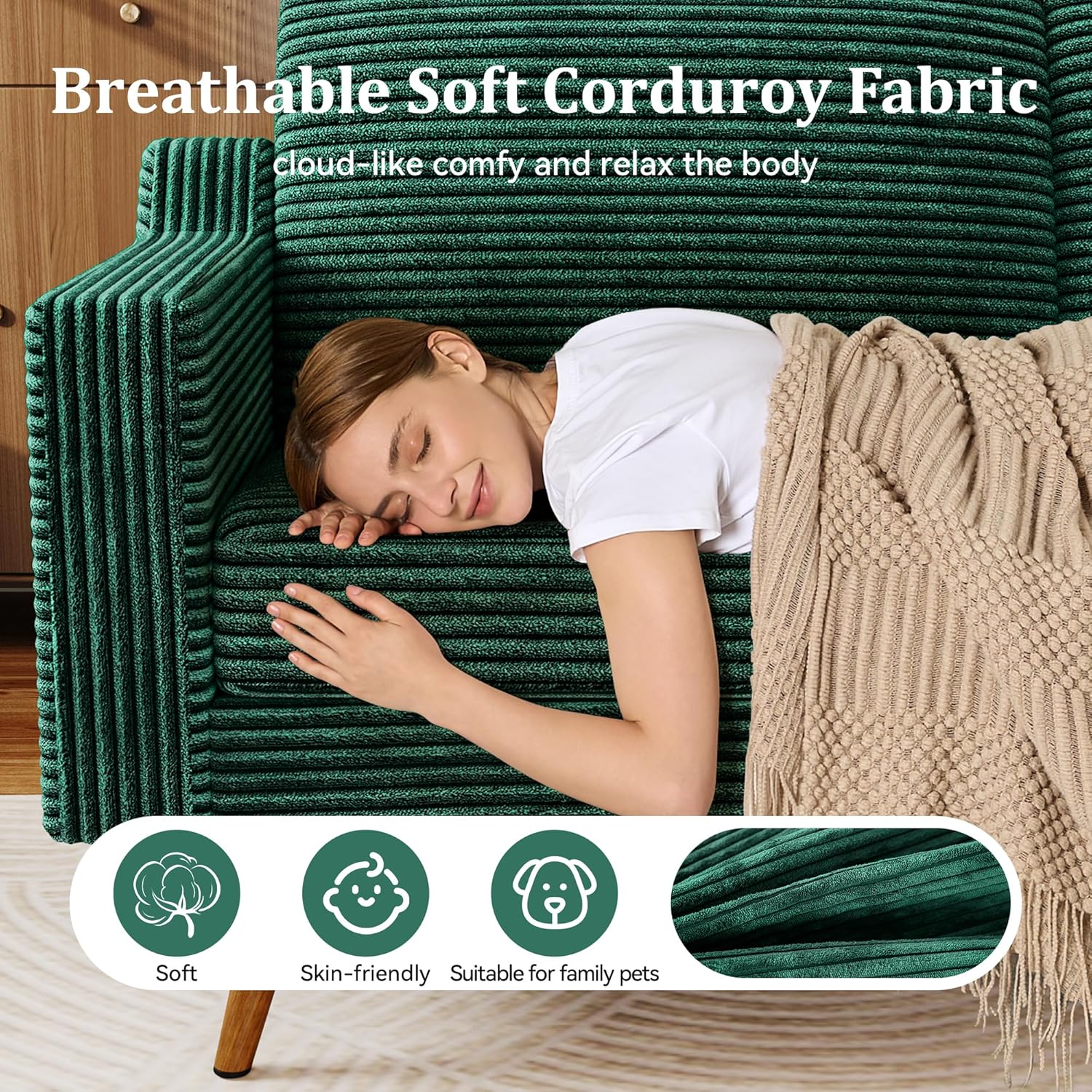 65.4' Loveseat Sofa,Comfy Forest Green Corduroy Love Seat Couches for Living Room,Mid Century Modern Small Couch for Bedroom Office with Spring Cushion,Solid Wood Frame,Tool-Free Assembly