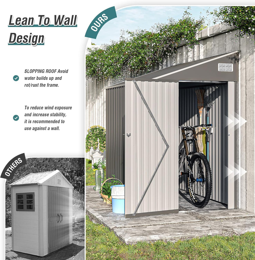 YOPTO 4x8 FT Outdoor Metal Storage Shed,Waterproof Lean to Tool Sheds,Heavy-Duty Unit with Single Hinge Side Door and Ventilation Windows,Weather Resistant,for Backyard,Patio,Lawn,Dark Gray