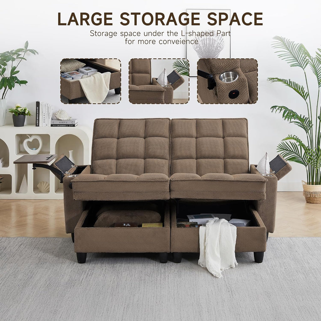 70.9' Chaise Lounge Chair Indoor, Oversized Boucle Upholstered Sofa Bed, Adjustable Backrest Deep Seat Reading Chair, Sofas Couches for Living Room with Storage, Cup Holders and 360° Swivel Side Table