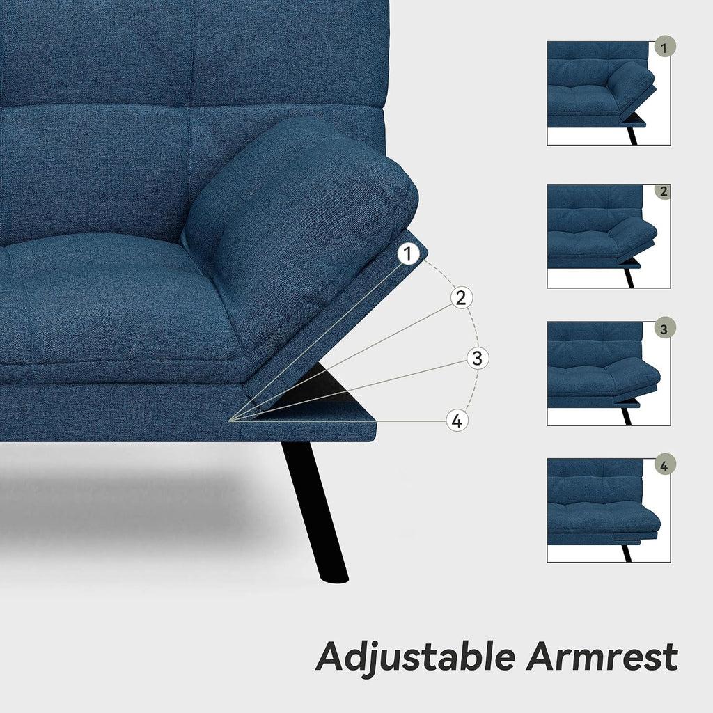 Convertible Futon Sofa Bed,Blue Linen Modern Futon Couch,Memory Foam Loveseat Sleeper Recliner,Detachable Cushion,Adjustable Backrest & Armrest,Couches for Living Room,Office,Apartment