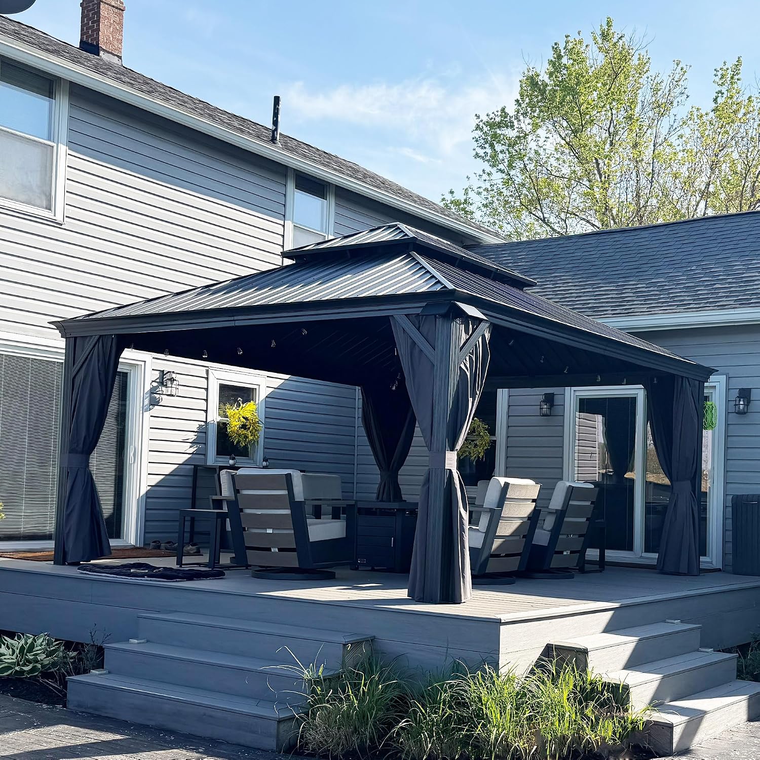 PURPLE LEAF 14' X 16' Outdoor Hardtop Gazebo Aluminum Gazebo with Galvanized Steel Double Roof for Patio Lawn and Garden, Curtains and Netting Included Grey