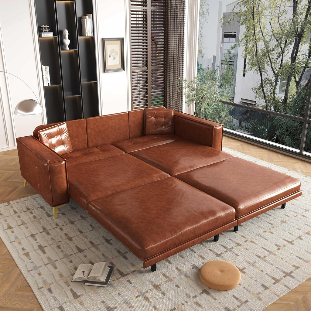 92.1'' King Pull Out Sofa Bed, Convertible Futon Couch, 3-in-1 Faux Leather Sleeper Sofa with Tufted Back, 2 Pillows, Gold Legs, Deep Folding Loveseat for Living Room, Apartment, Light Brown