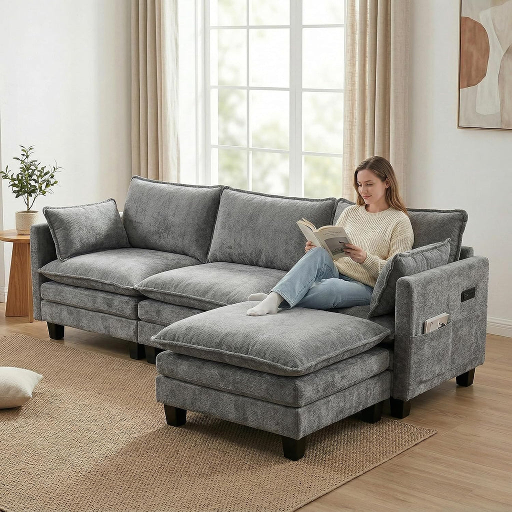 Eafurn Modular Sectional Sofa with Movable Ottomans for Living Room, 4 Seater Convertible U Shaped Sectional Couch Modern Reversible Chenille Sofa Set w/USB Ports and Side Pockets