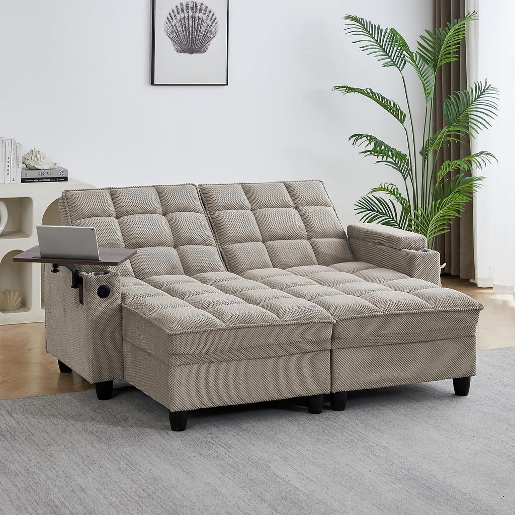 70.9' Chaise Lounge Chair Indoor, Oversized Boucle Upholstered Sofa Bed, Adjustable Backrest Deep Seat Reading Chair, Sofas Couches for Living Room with Storage, Cup Holders and 360° Swivel Side Table
