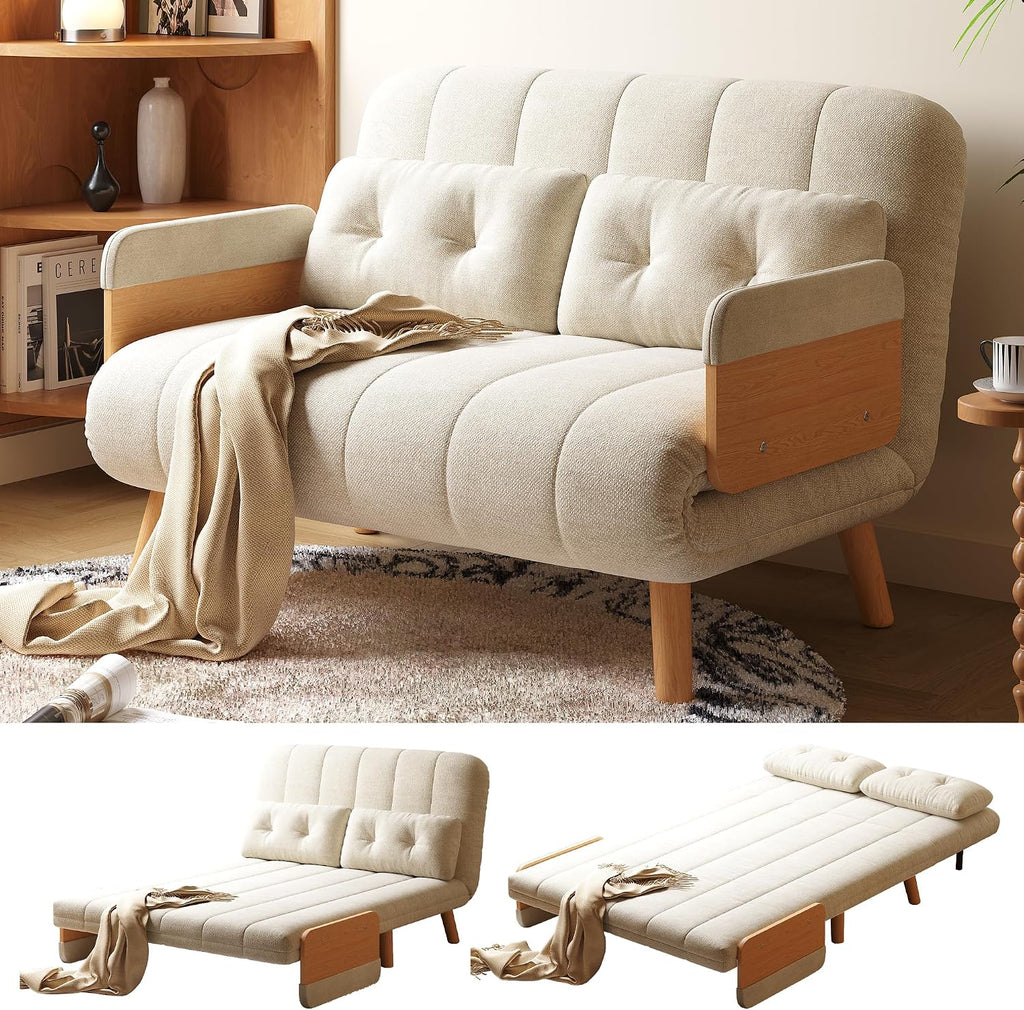 Convertible Chair Bed, Futon Sofa Bed Sleeper Chair with Solid Wood Leg and Storage Pocket, Linen Fabric Sofa Couch Guest Bed for Living Room, Bedroom, Office, Apartment (43.31)