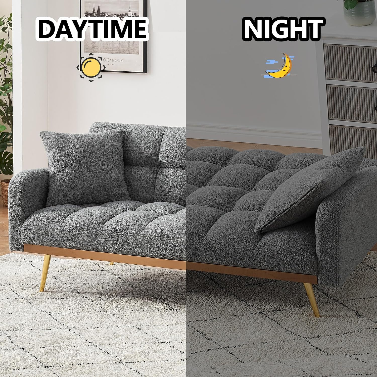 Comfy Futon Sofa Bed with 2 Pillows, Grey Futon Couch Bed with Gold Legs, Small Convertible Sofa Bed Couch for Living Room, Modern Loveseat for Bedroom, Curved Arms, Plush Tufted-Shaped,Teddy (Grey)