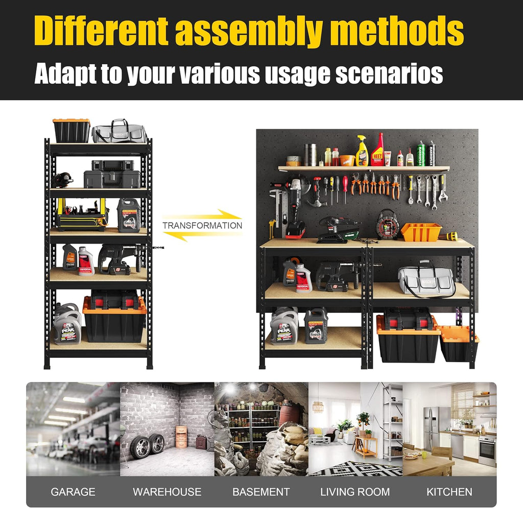 PrimeZone Storage Shelves 5 Pack 5 Tier Adjustable Garage Storage Shelving, Heavy Duty Metal Storage Utility Rack Organizer Shelf Unit for Warehouse Pantry Closet Kitchen Basement, Black