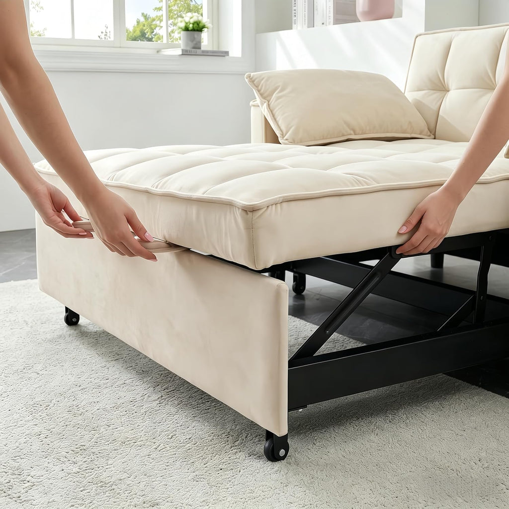 3 in 1 Convertible Sofa Bed, Loveseat Sleeper Sofa with Large Side Pockets, Pull Out Couch with Adjustable Backrest, Easy Assembly, Velvet Couch Bed for Small Spaces, Apartment, White