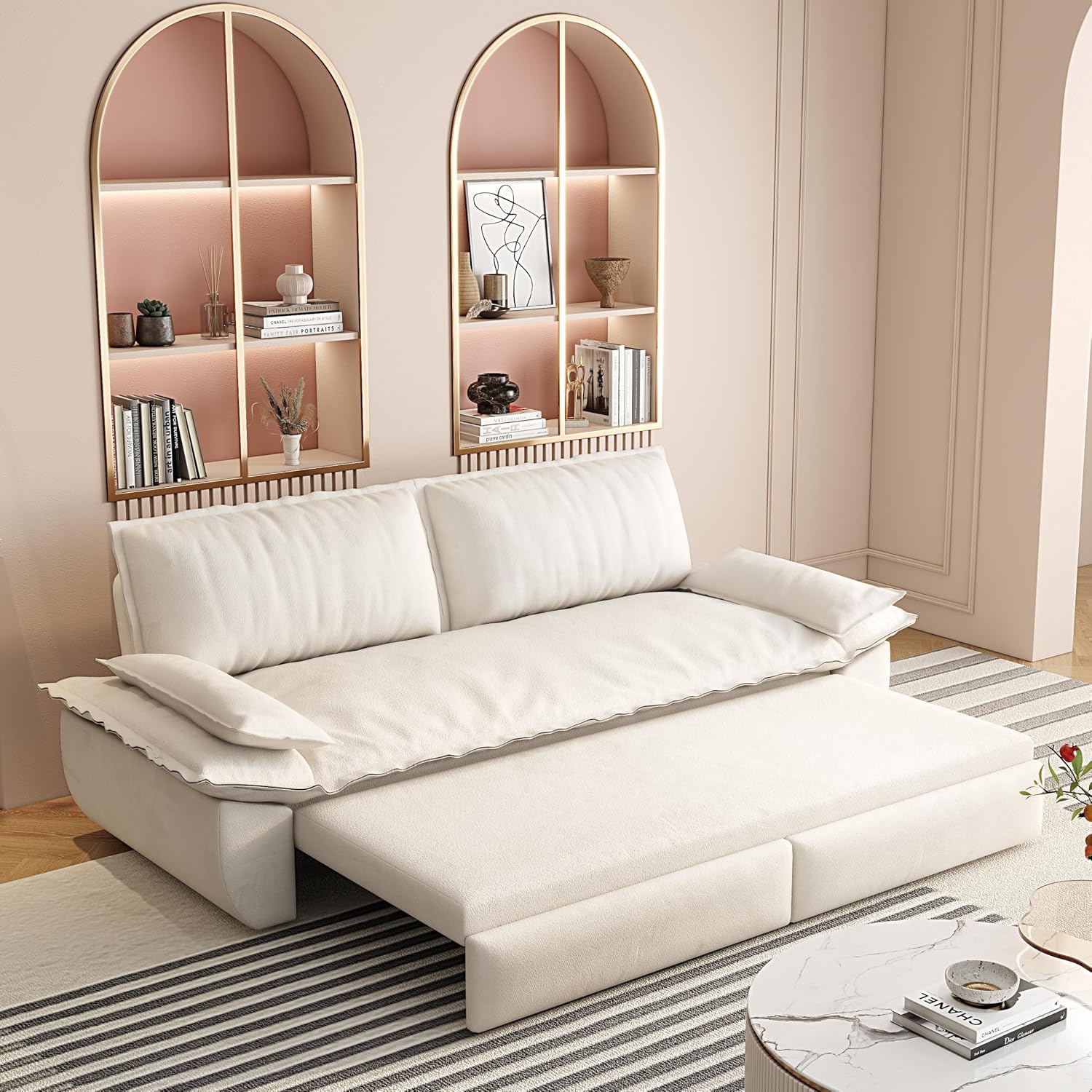3-in-1 Convertible Sofa Bed Queen Size Pull Out Sleeper Sofa with Heavy Duty Metal Frame, Luxurious Velvet Upholstered Loveseat with 2 Pillows, Modern Folding Guest Bed for Living Room, Apartment | Removable Cushions