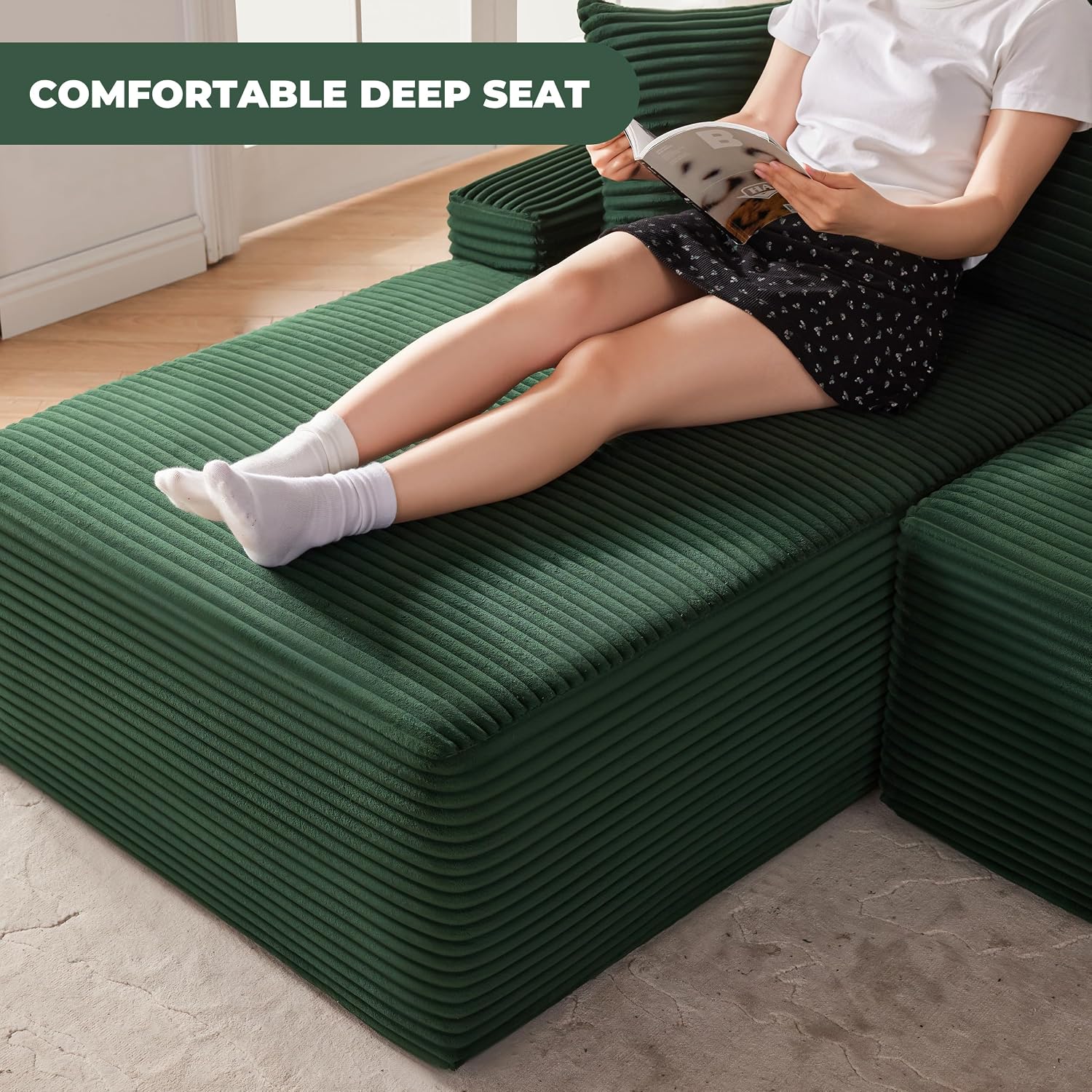 Mangodan Cloud Sectional Couch, Modular Sectional Sofa for Living Room, Fluffy Comfy Couch with L-Shaped Chaise, Boneless Sofa with Deep Seat, No Assembly Required, Green