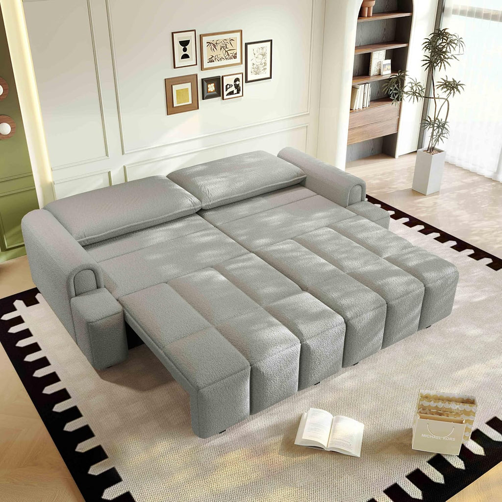 90.2' Futon Sofa Bed King, 3-in-1 Teddy Convertible Sofa, Upholstered Loveseat Couch with Pull Out Bed, L Shape Couches Small Spaces, Deep Seat, Storage for Living Room, Apartment, Light Grey