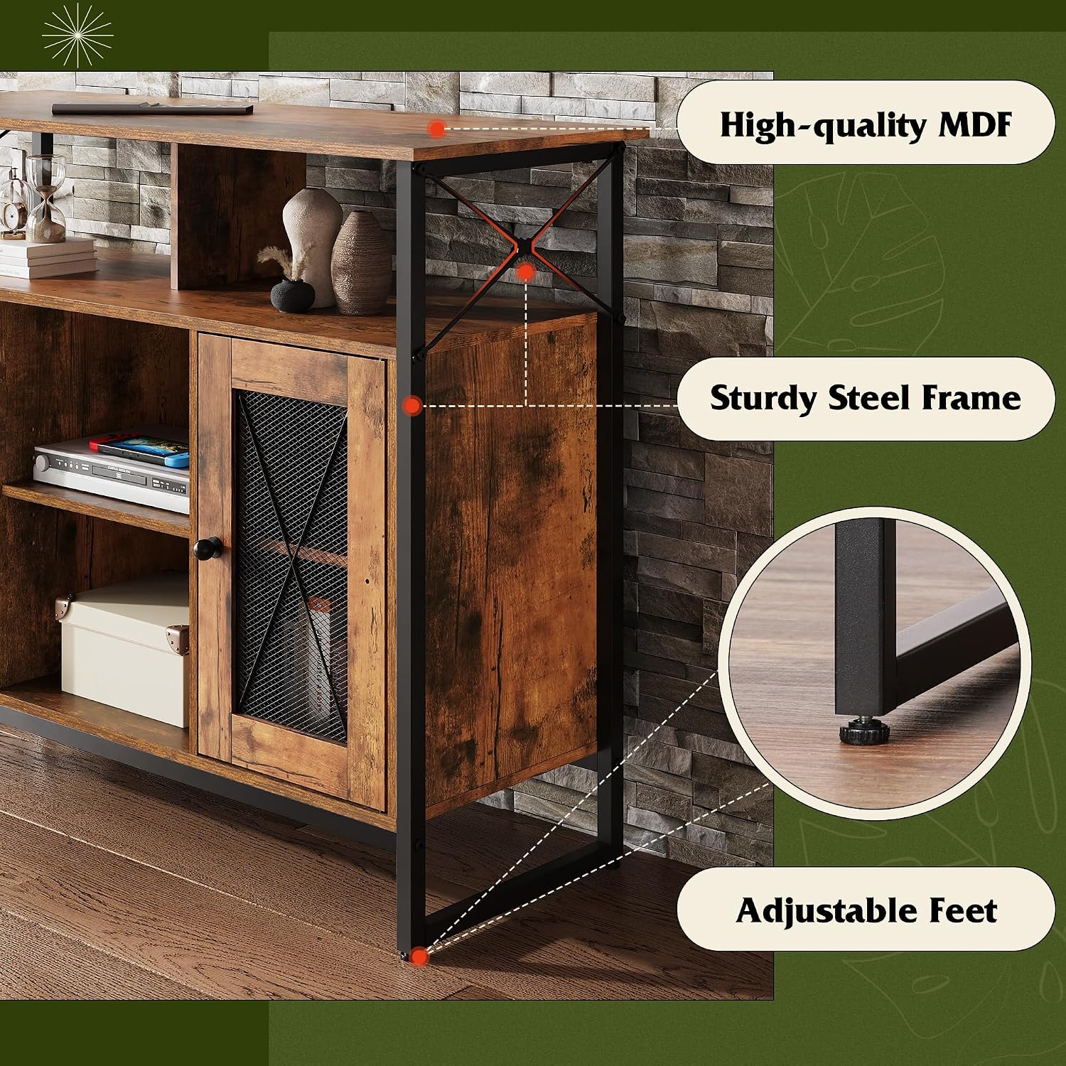 WLIVE TV Stand for 43 Inch TV, Small Entertainment Center with Storage Cabinet & Adjustable Shelves, Farmhouse Industrial TV Stands for Living Room and Bedroom, 32' TV Console, Rustic Brown