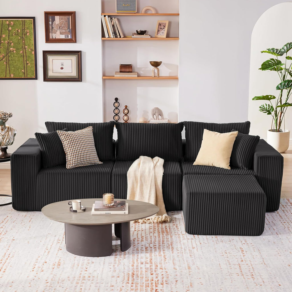 Weture 107.4' Cloud Couch Sectional, Modular Sofa with Deep Seat, Plush Corduroy L Shaped Boneless Couch, Convertible Sectional Couches for Living Room, 4Seat, Black