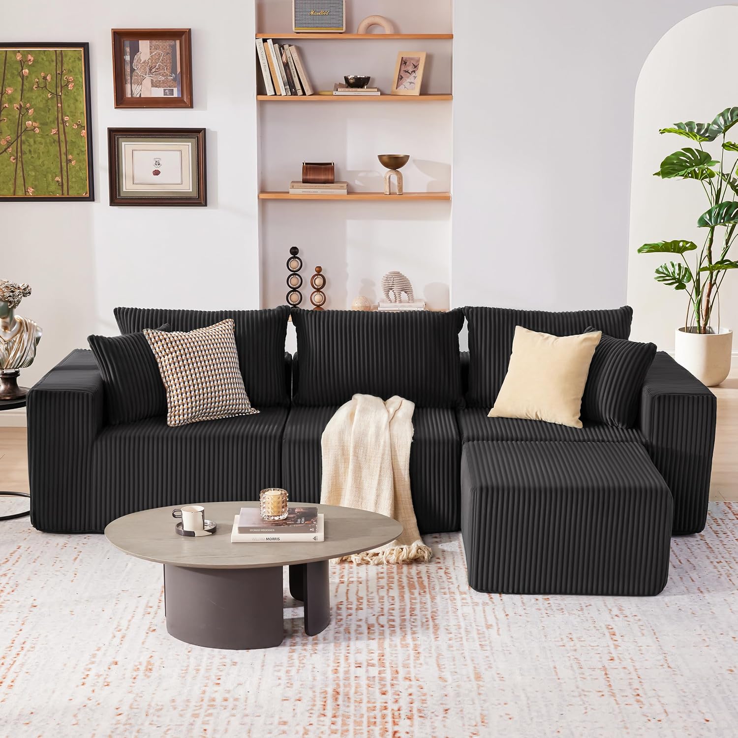 Weture 107.4' Cloud Couch Sectional, Modular Sofa with Deep Seat, Plush Corduroy L Shaped Boneless Couch, Convertible Sectional Couches for Living Room, 4Seat, Black