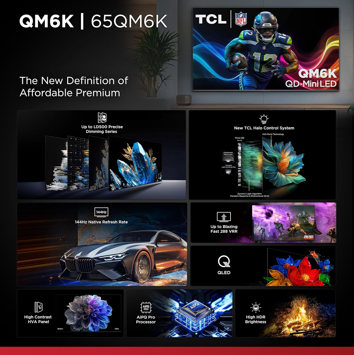TCL 65 Inch Class QM6K Series | Mini LED QLED 4K HDR | 65QM6K, 2025 Model | 120HZ-144HZ High Brightness Smart Google TV Dolby Atmos Onkyo Audio | Voice Remote Alexa Gaming Streaming Television