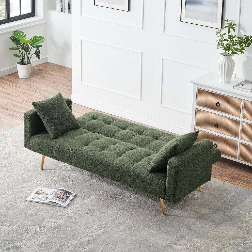 KEIKI 72' Folding Futon Sofa Couch w/Adjustable Backrest, Mid Century Modern Loveseat Convertible to Sleeper Bed, Small Comfy Teddy Cloud Couch SofaBed for Living Room & Bedroom, 2 Pillows, Green