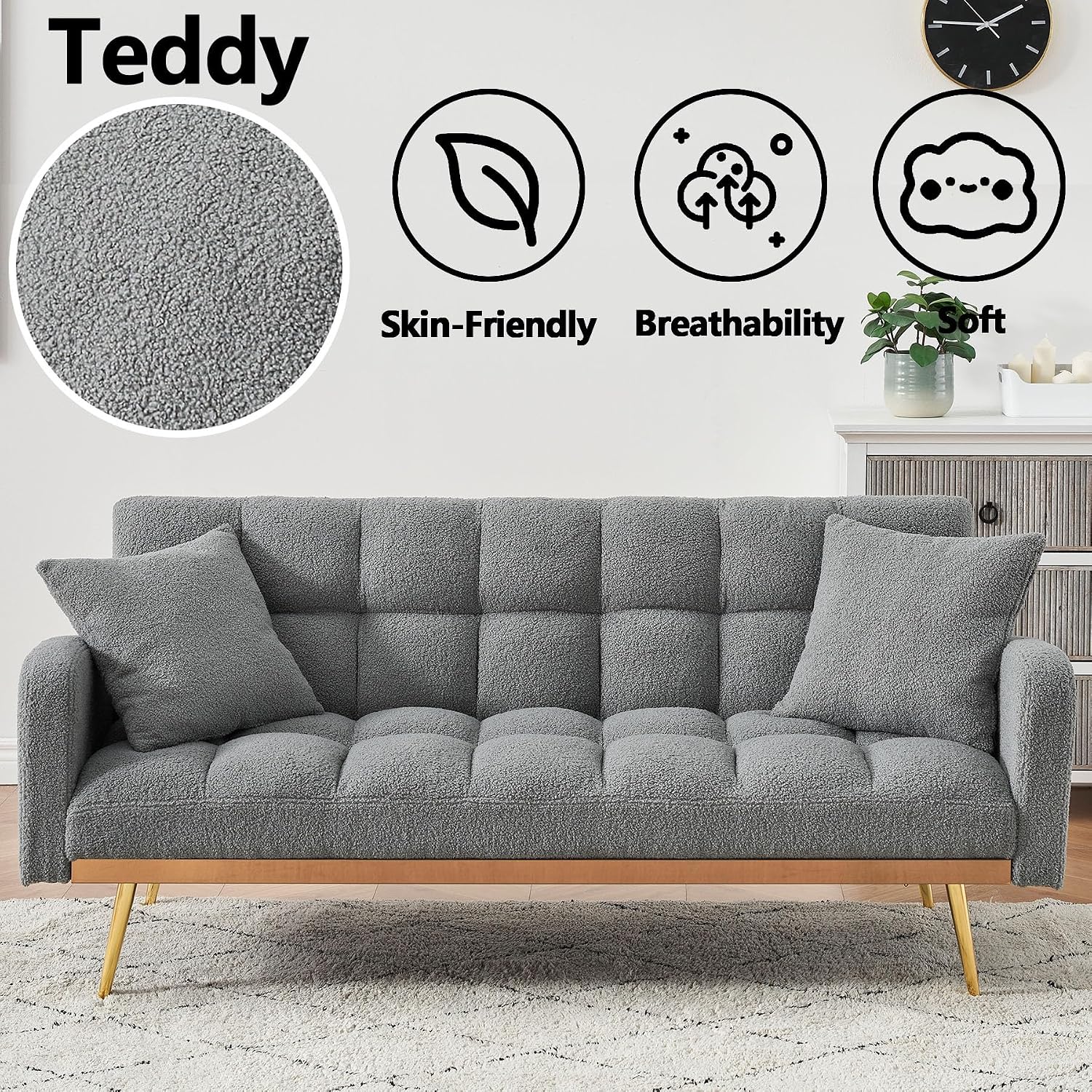 Comfy Futon Sofa Bed with 2 Pillows, Grey Futon Couch Bed with Gold Legs, Small Convertible Sofa Bed Couch for Living Room, Modern Loveseat for Bedroom, Curved Arms, Plush Tufted-Shaped,Teddy (Grey)