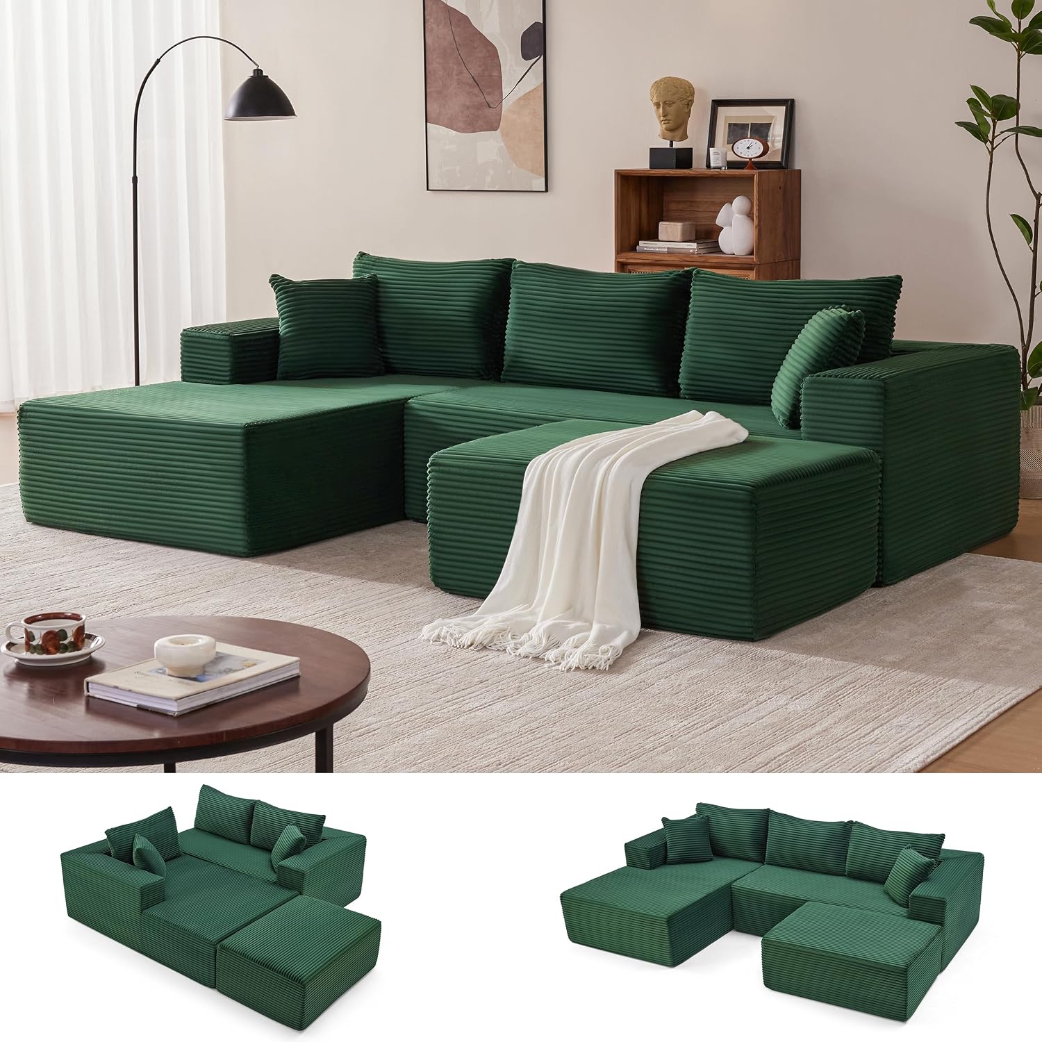 Mangodan 110' Cloud Sectional Couch, Modular Sectional Sofa with Deep Seat, Boneless Sofa for Living Room, Fluffy Comfy U-Shaped Couch with Left Facing Chaise, No Assembly Required, Green