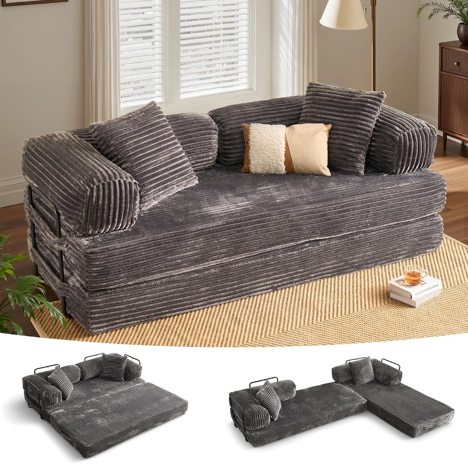 ovios 81' Folding Sofa Bed, Foldable Sleeper Boneless Couch with Pull Out Beds, Modular Convertible Floor Futon Loveseat Lounger for Living Room (Faux Fur, Grey)